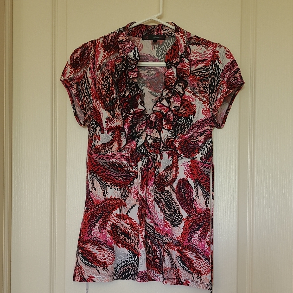 HEART SOUL Women's Pink and Black Ruffle Top Size L